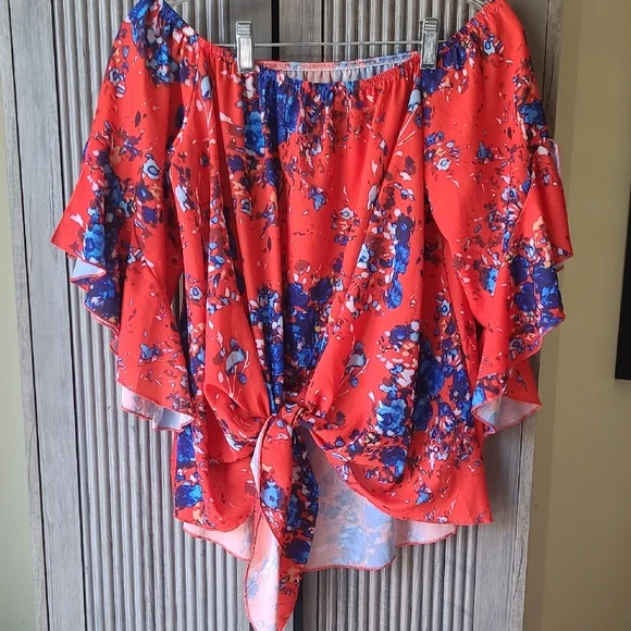 Flutter Sleeve Blouse with Ruffled Tie Front - Picture 1 of 2